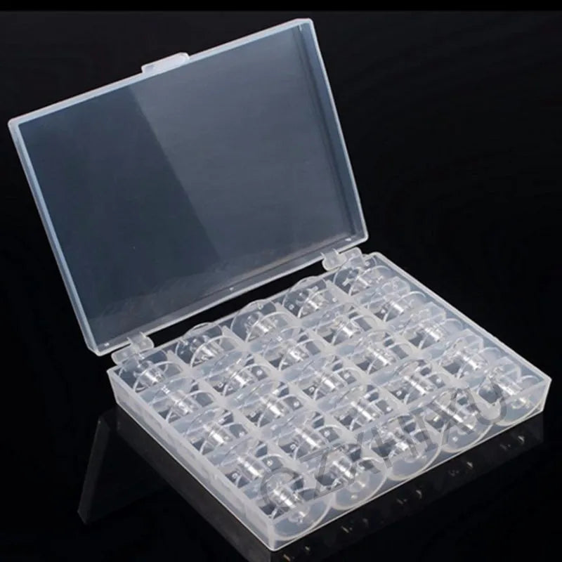 25Pcs Clear Plastic Sewing Machine Bobbins Set with Storage Box