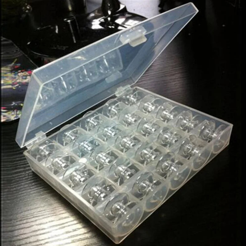 25Pcs Clear Plastic Sewing Machine Bobbins Set with Storage Box