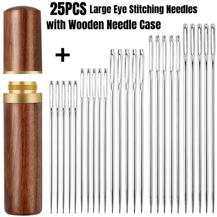 25PCS Large Eye Sewing Needles – 5 Sizes with Wooden Case