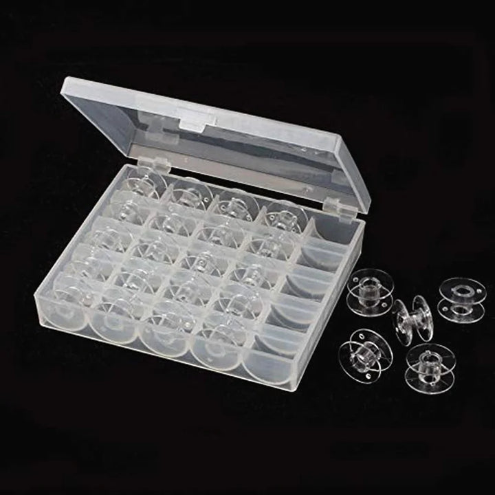 25Pcs Clear Plastic Sewing Machine Bobbins Set with Storage Box